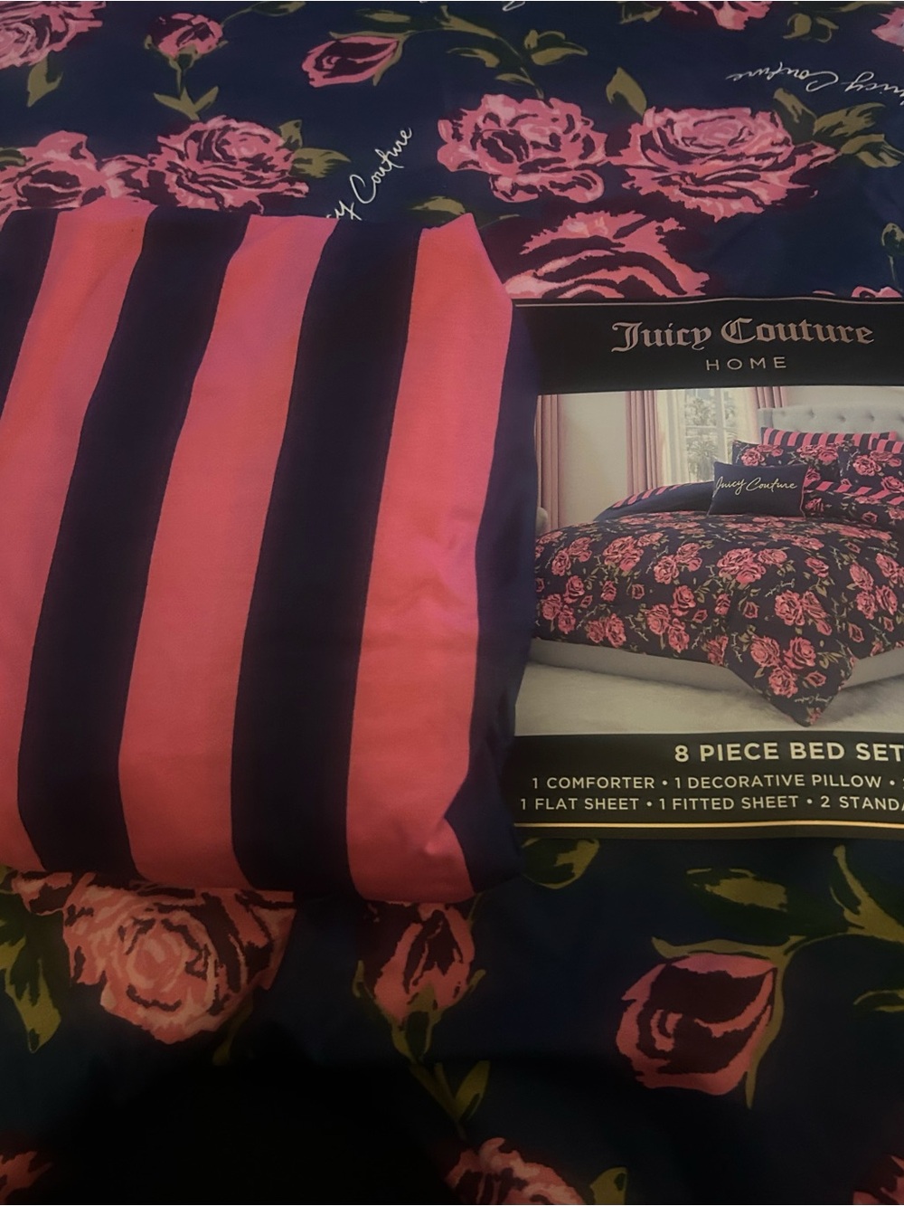 Juicy Couture Pink & Navy Floral Stripe full fitted sheet